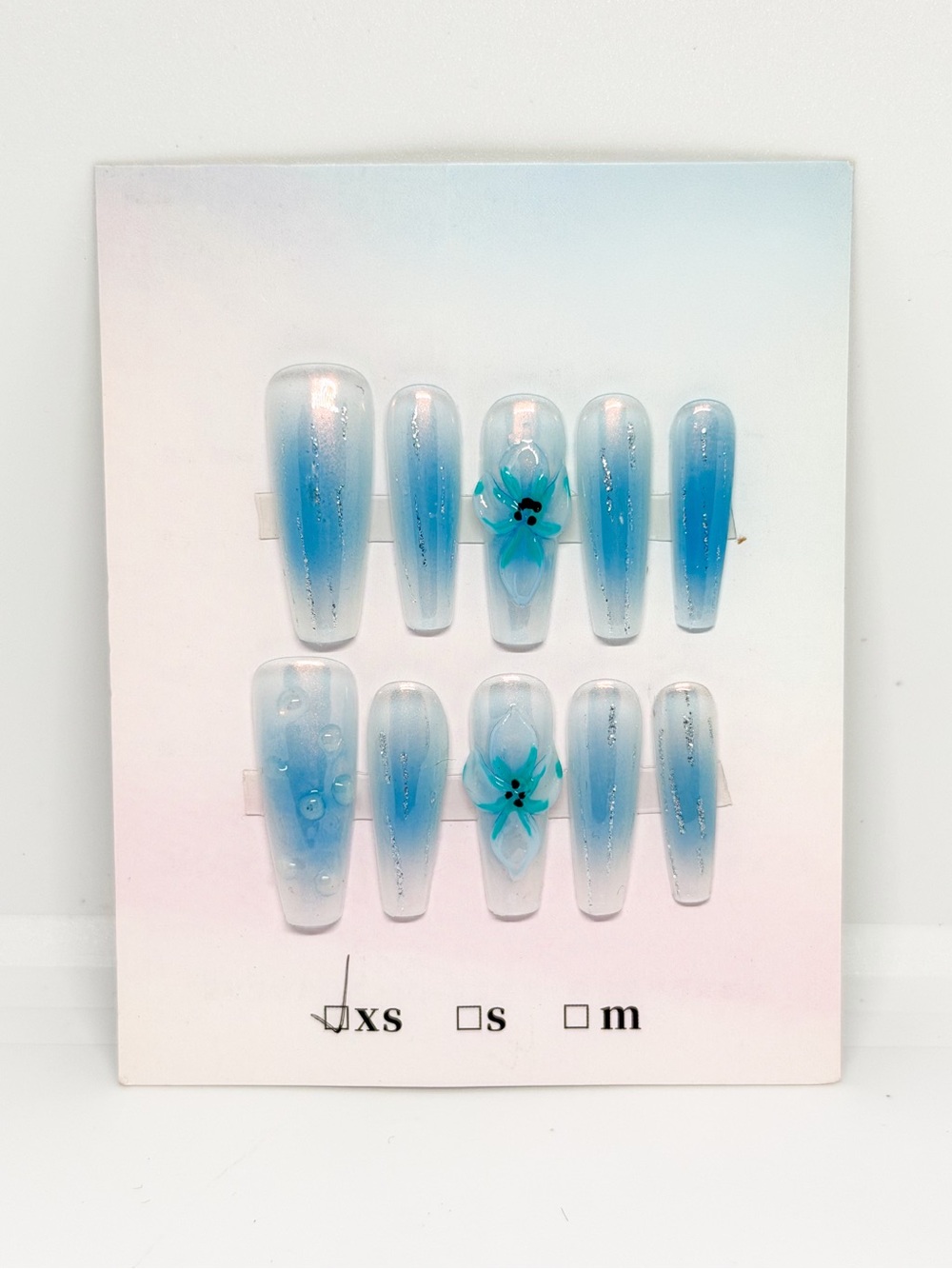 Blue Ombre Press-On Nail Set with Floral Accent
